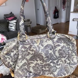 Prada Talco Lace Print Cervo Leather Bowling Bag